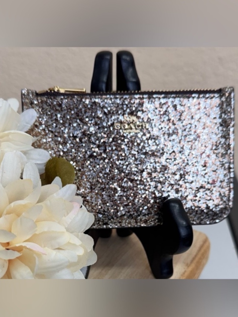 COACH Glitter Zip Pouch Card Holder in Gold Sparkle